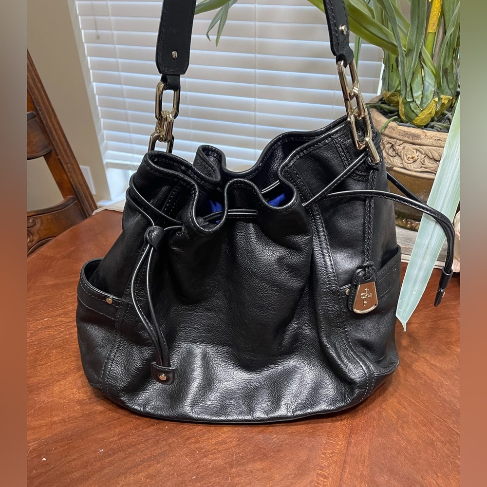 Cole Haan  Leather Drawstring Bucket Shoulder Bag Hobo  Pebbled